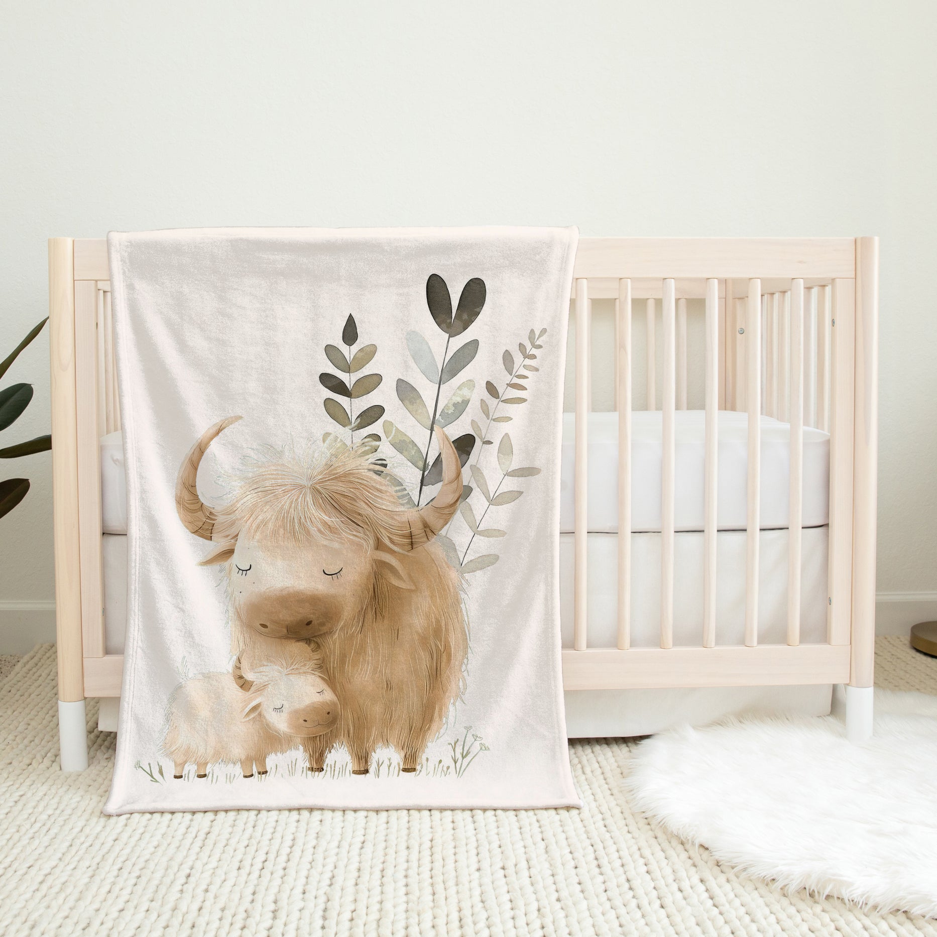 Couverture Bébé Fille Bohème - Motif Vache Highland - Minky Doux Et Réversible Pois - 76 X 101 Cm