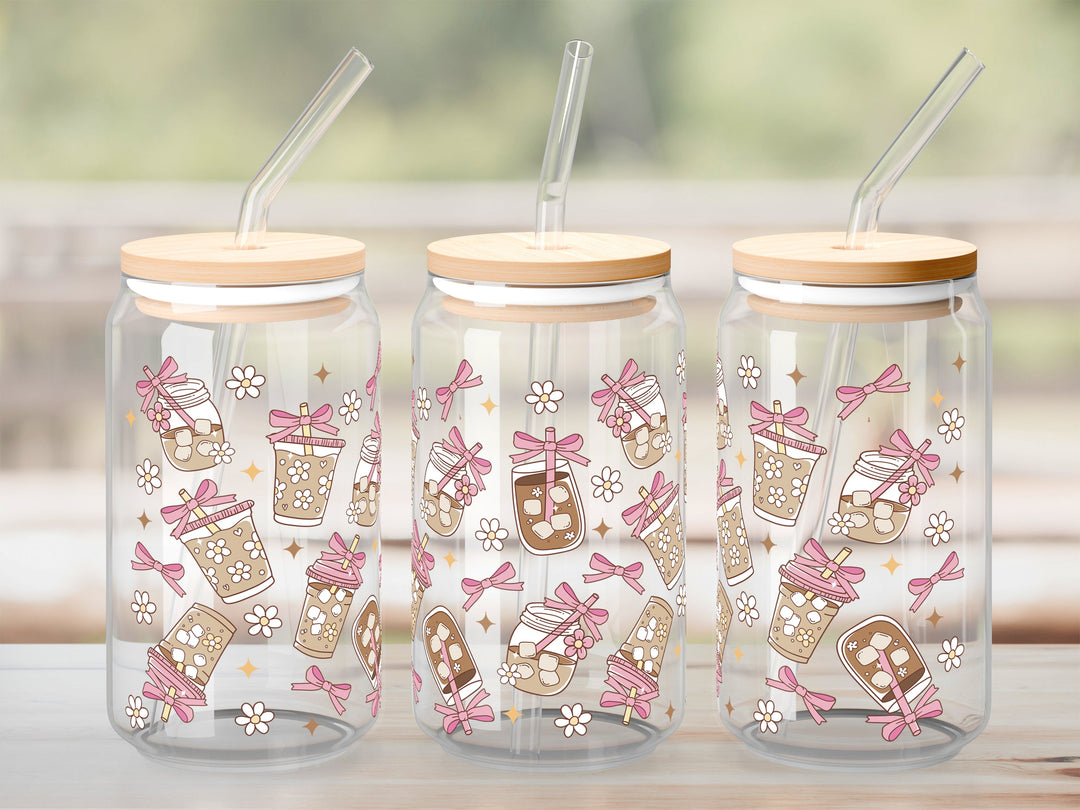 Verre Café glacé boucle rose / Autocollant UV DTF