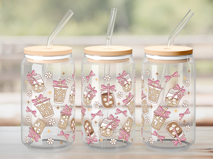 Verre Café glacé boucle rose / Autocollant UV DTF