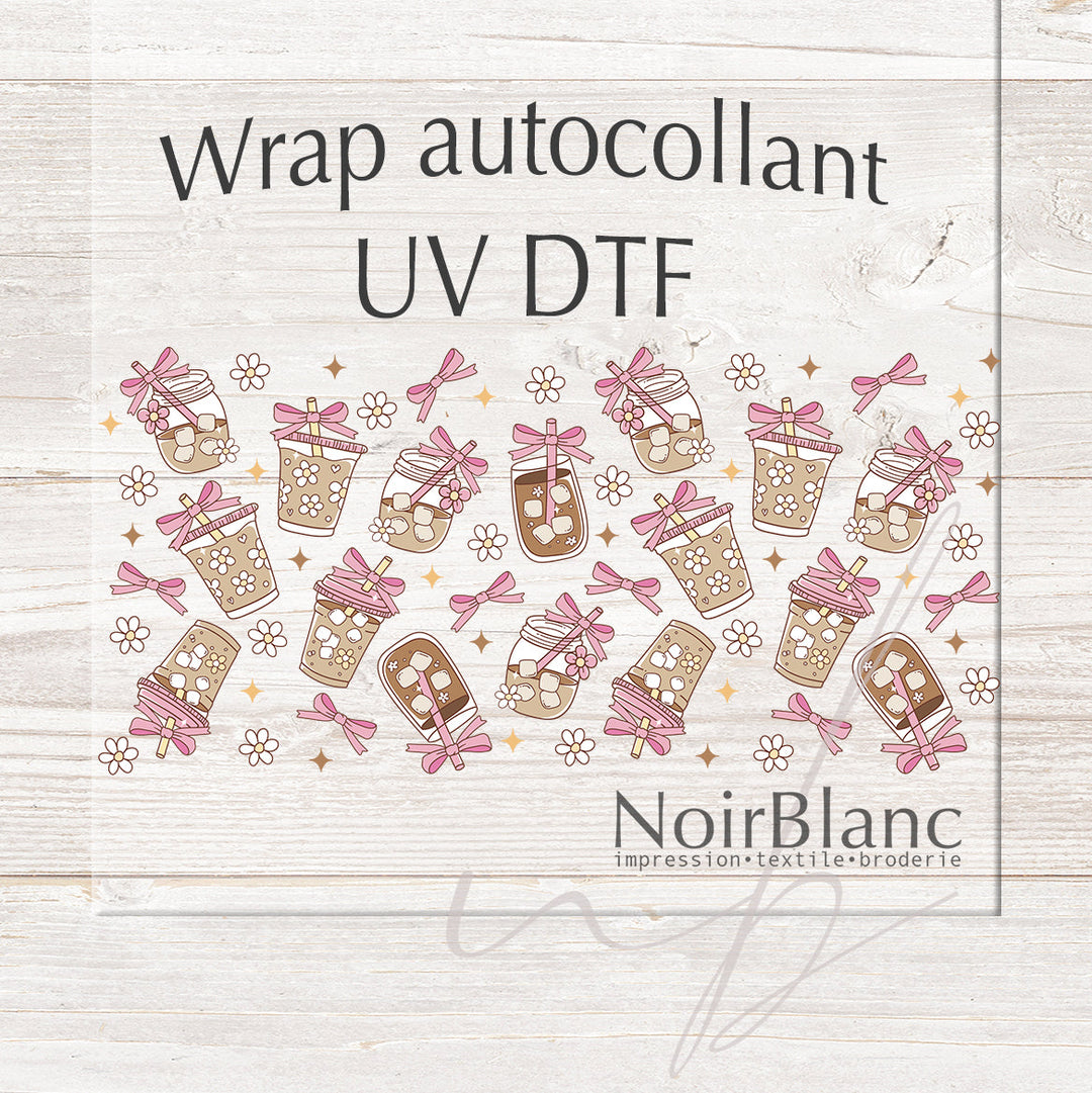 Verre Café glacé boucle rose / Autocollant UV DTF