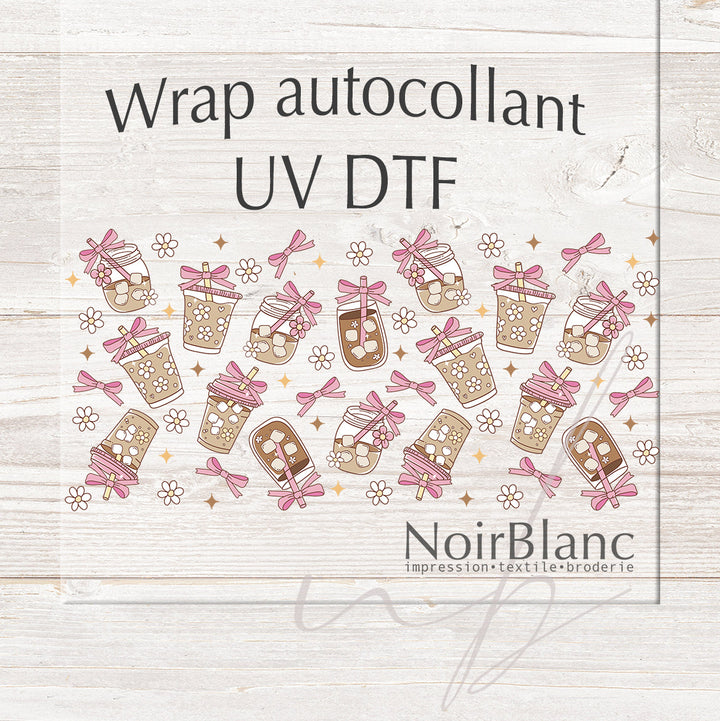 Verre Café glacé boucle rose / Autocollant UV DTF