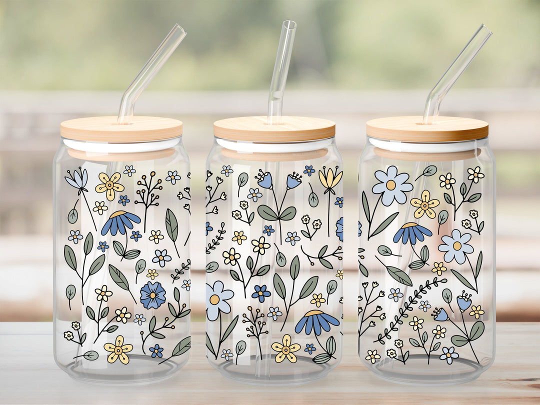 Verre Champs fleur bleu jaune / Autocollant UV DTF