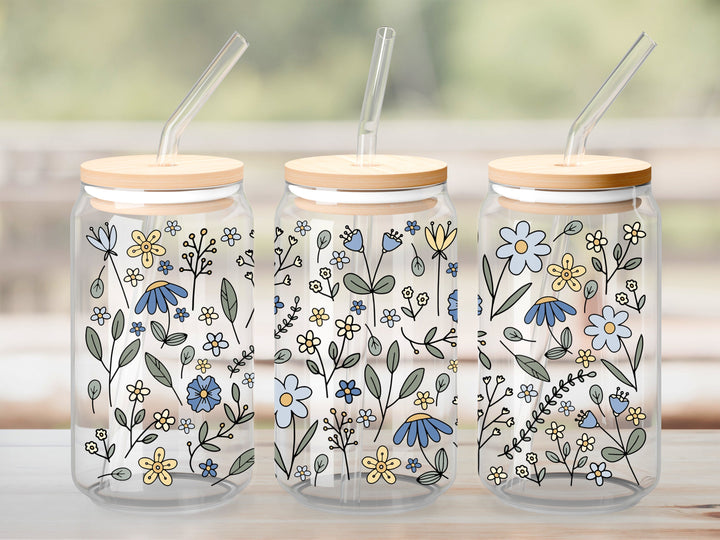 Verre Champs fleur bleu jaune / Autocollant UV DTF