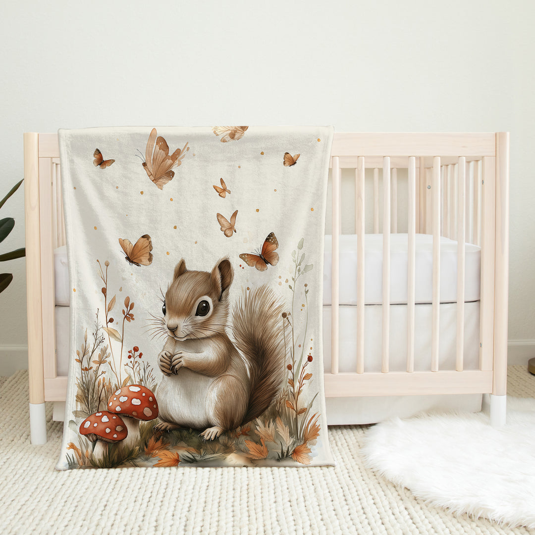 Écureuil et champignon - Couverture de minky réversible