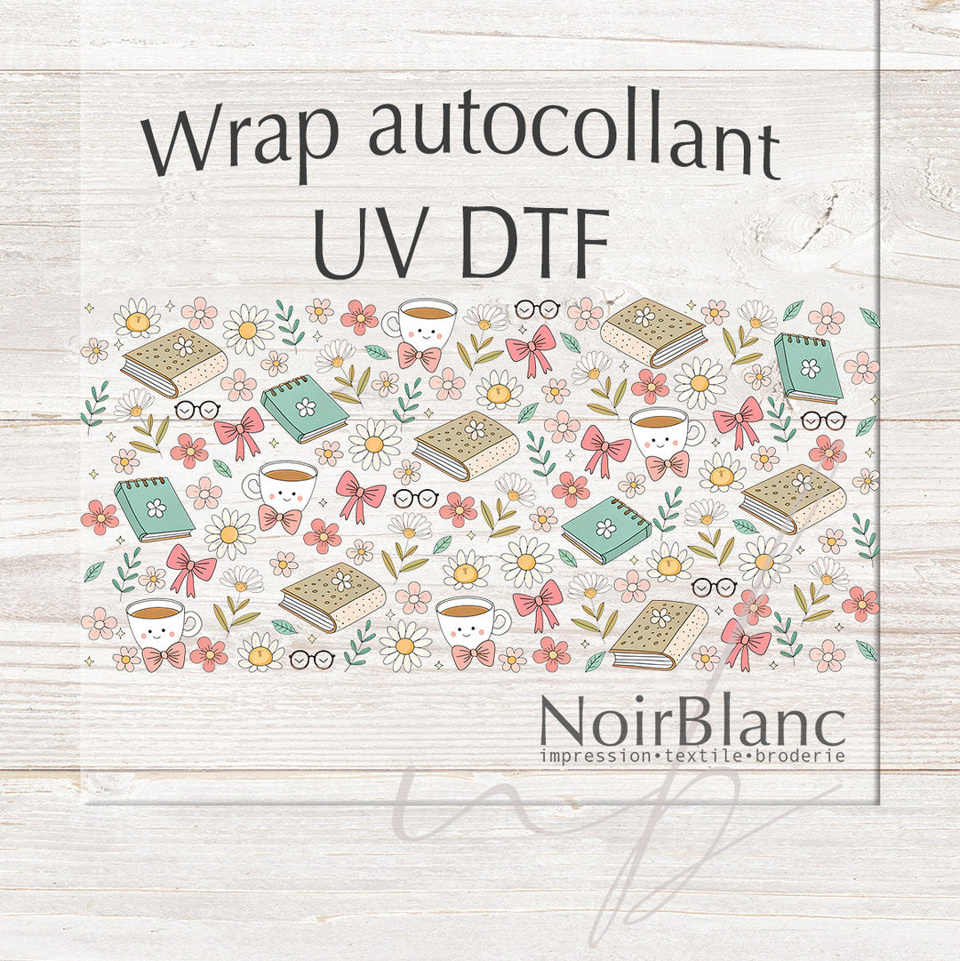 Verre Livre, café et fleur / Autocollant UV DTF