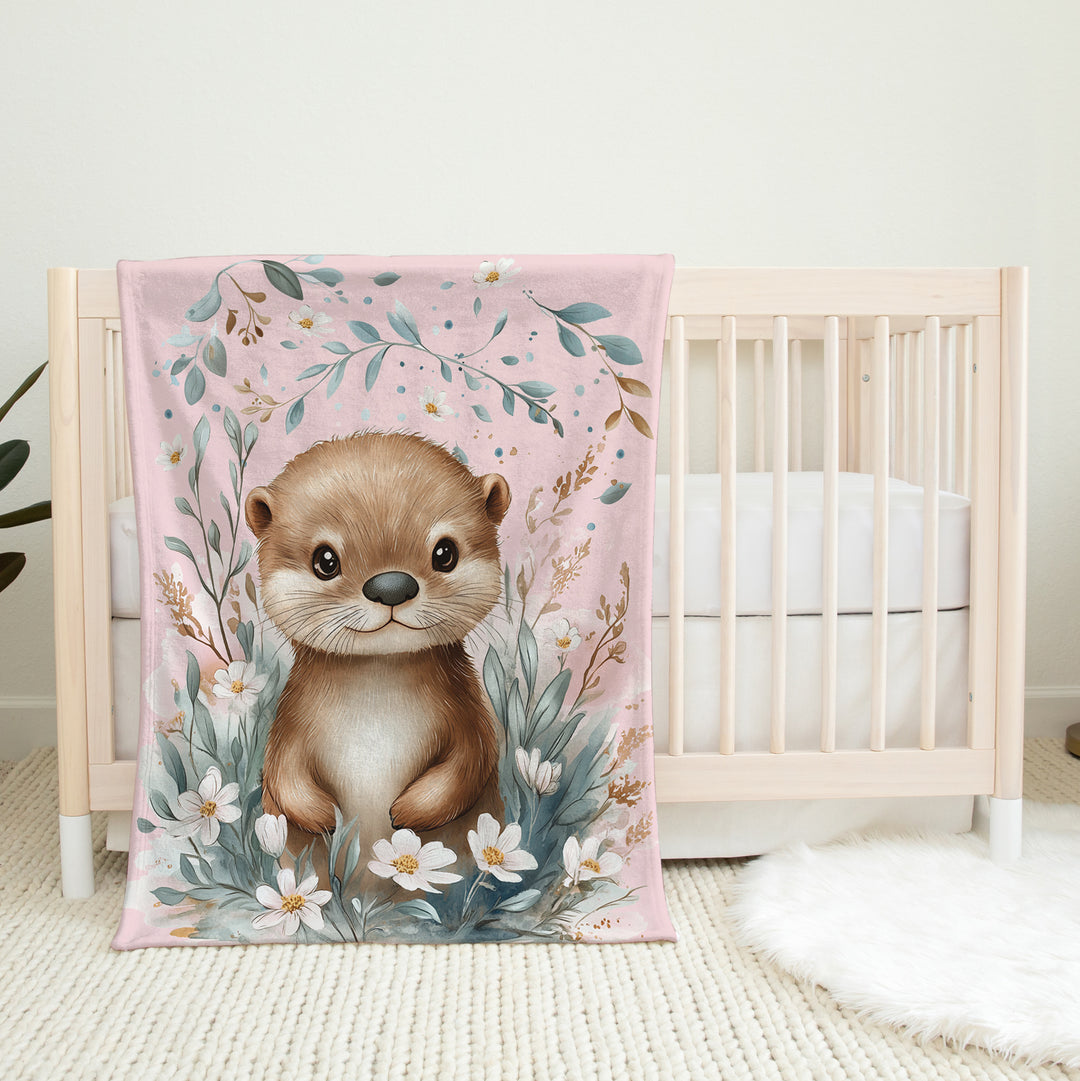 Loutre fleurs et feuillages - Couverture de minky réversible
