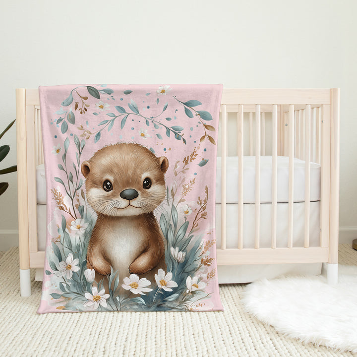 Loutre fleurs et feuillages - Couverture de minky réversible
