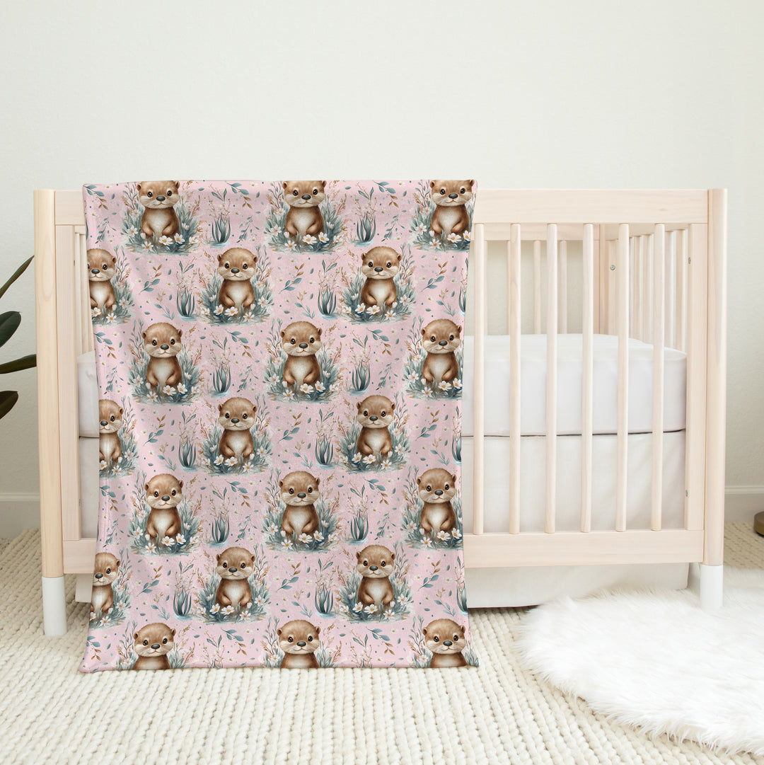 Loutre fleurs et feuillages - Couverture de minky réversible