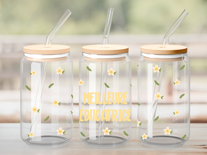 Verre Meilleure éducatrice petites fleurs tropicales / Autocollant UV DTF
