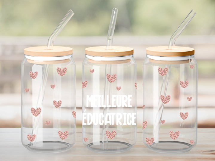 Verre Meilleure éducatrice coeur en fleur rose / Autocollant UV DTF