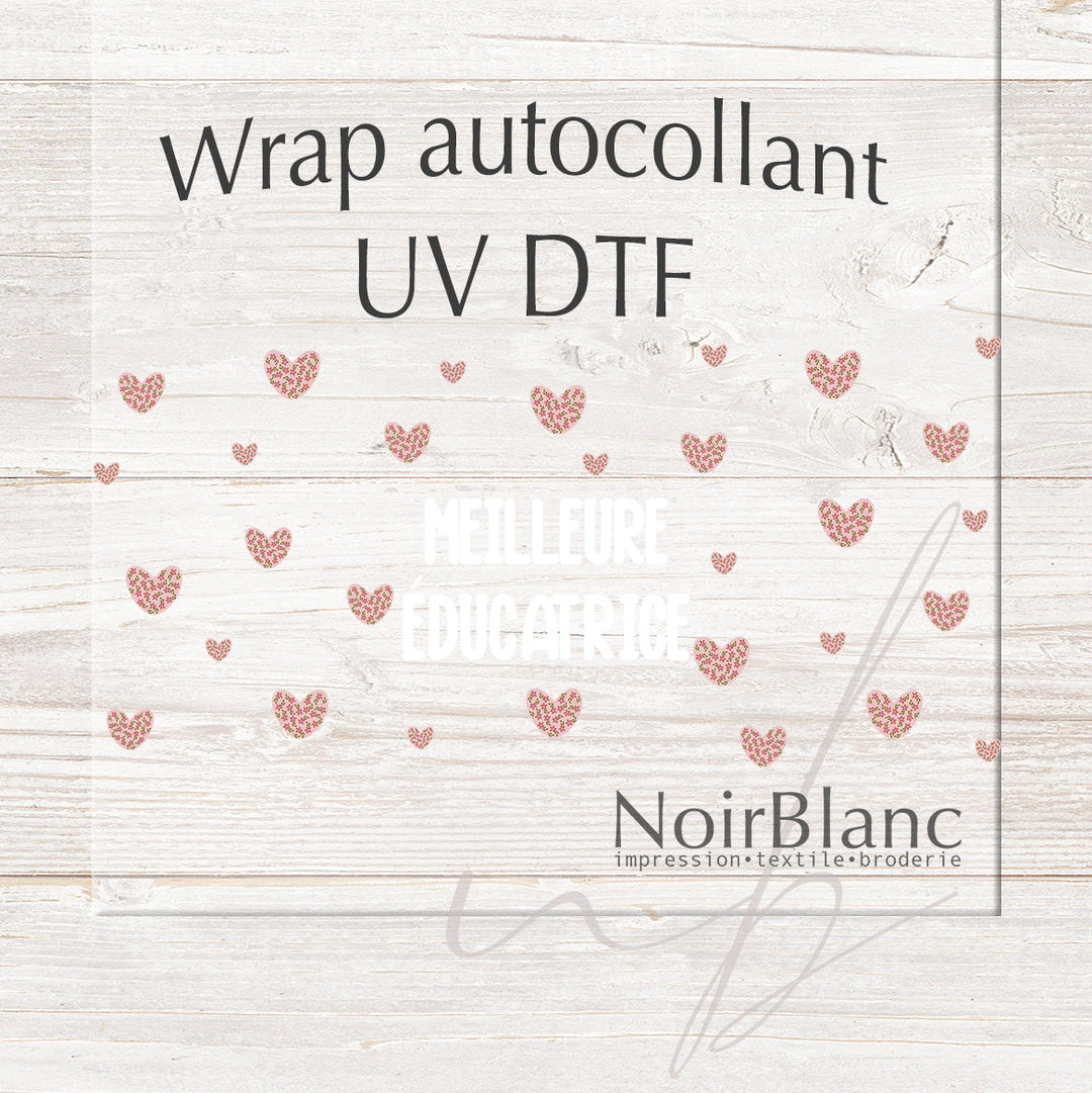 Verre Meilleure éducatrice coeur en fleur rose / Autocollant UV DTF