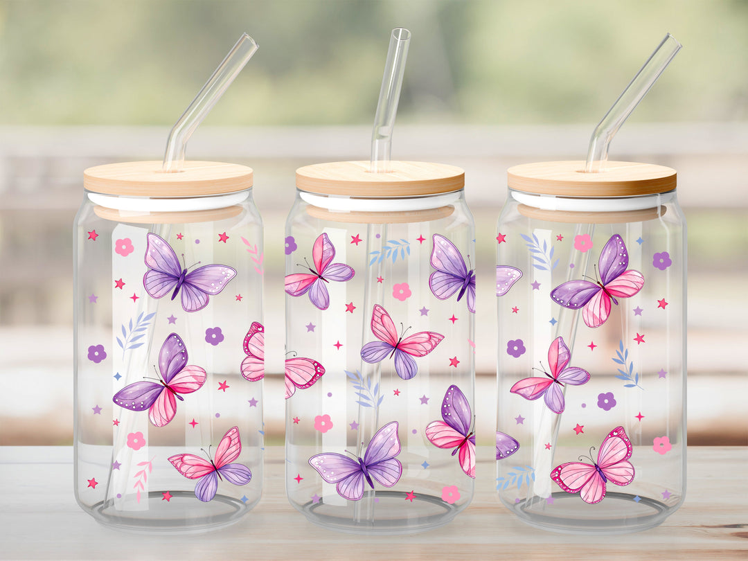 Verre Papillon floral rose et mauve / Autocollant UV DTF