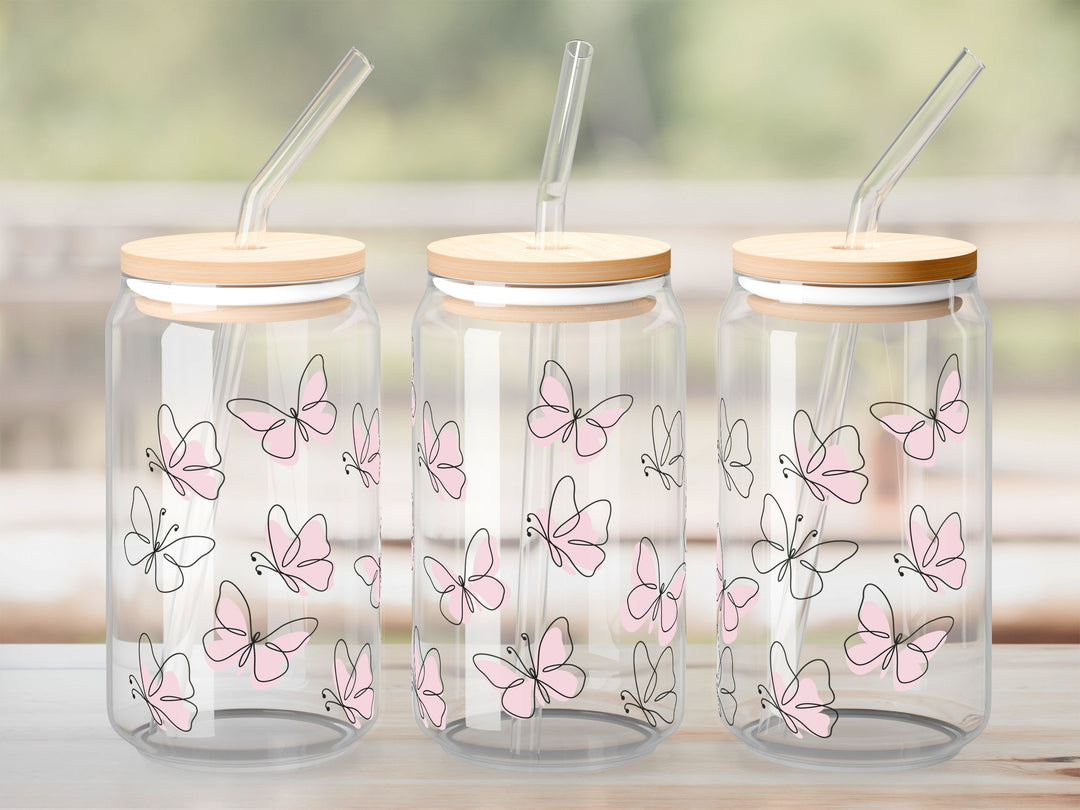Verre Papillons roses / Autocollant UV DTF