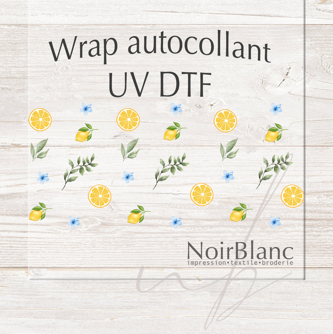 Verre Citrons feuilles fleurs bleues / Autocollant UV DTF