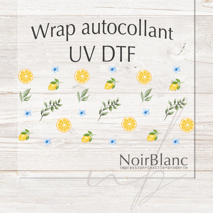 Verre Citrons feuilles fleurs bleues / Autocollant UV DTF