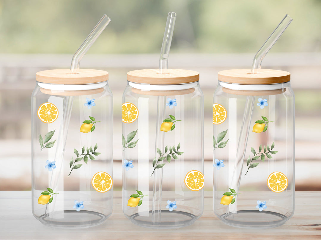 Verre Citrons feuilles fleurs bleues / Autocollant UV DTF