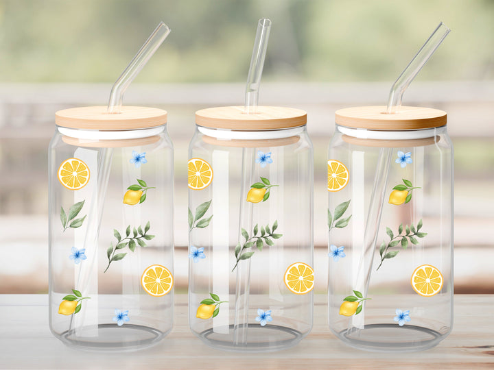 Verre Citrons feuilles fleurs bleues / Autocollant UV DTF