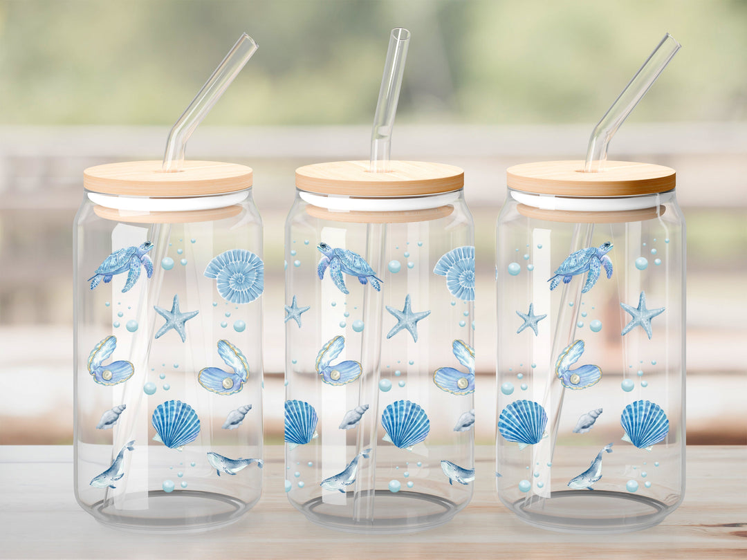 Verre Tortue et coquillage bleu / Autocollant UV DTF