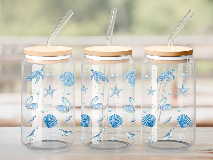 Verre Tortue et coquillage bleu / Autocollant UV DTF