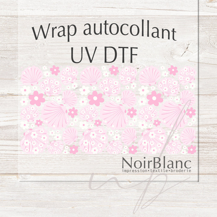 Verre Coquillage rose et fleur / Autocollant UV DTF