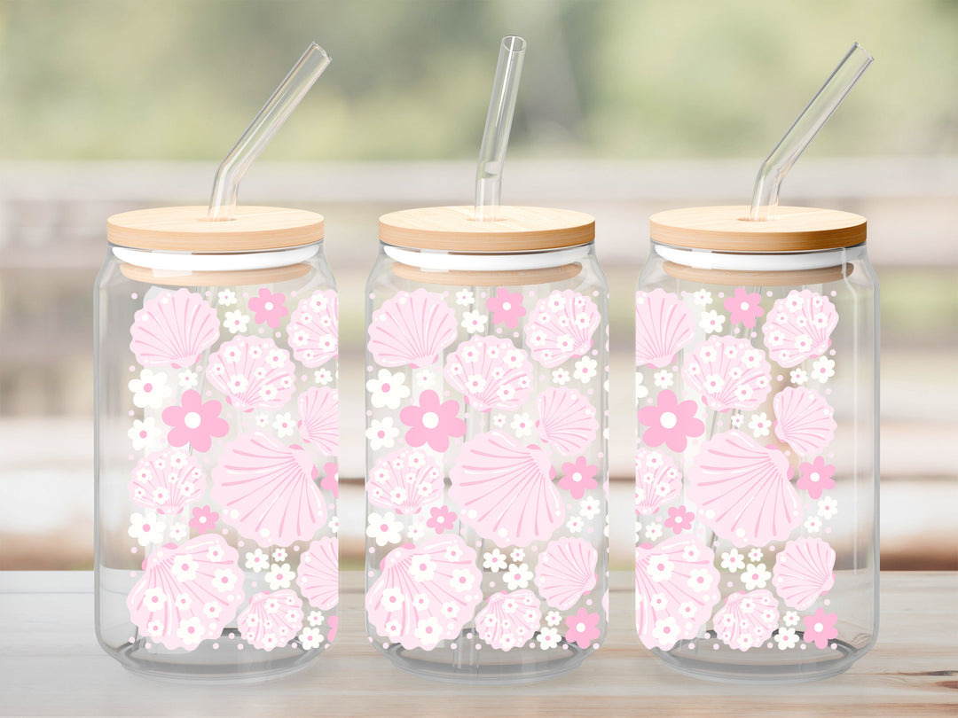 Verre Coquillage rose et fleur / Autocollant UV DTF