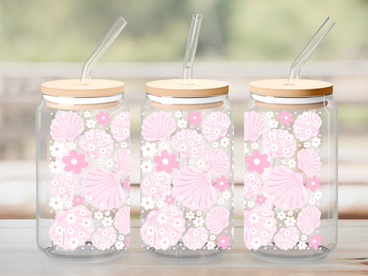Verre Coquillage rose et fleur / Autocollant UV DTF