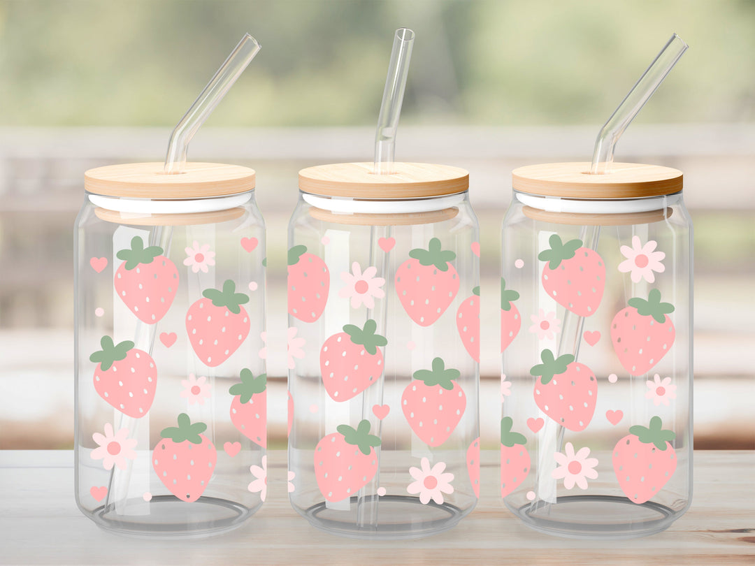 Verre Fraises coeurs fleurs  / Autocollant UV DTF