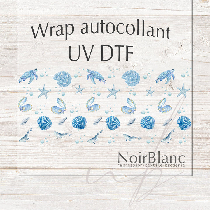 Verre Tortue et coquillage bleu / Autocollant UV DTF