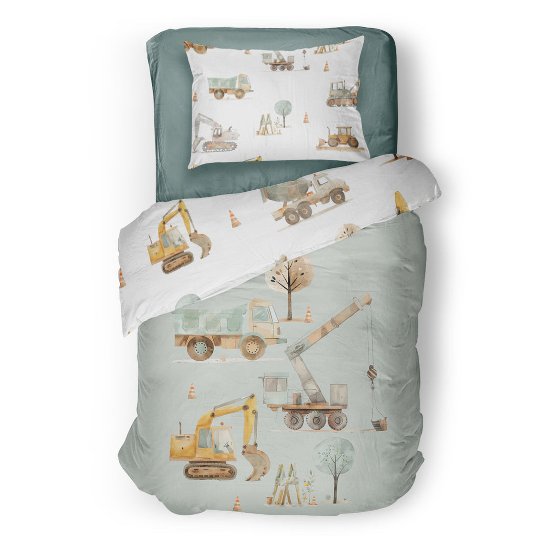 Parure Housse De Couette 140x200 Tracteur Pelleteuse – Ensemble Literie Enfants Garçons Camions Chantier Jaune Vert, Microfibre Douce