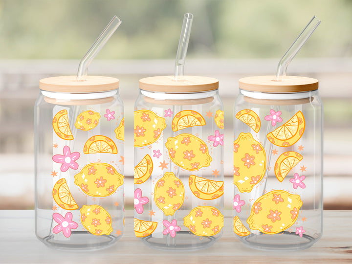 Verre Citron coquet et fleurs / Autocollant UV DTF