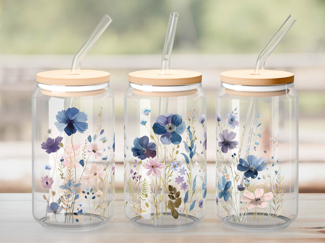 Verre Fleurs bleues / Autocollant UV DTF