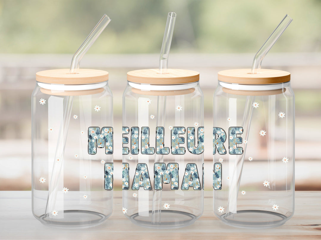 Verre Meilleure maman floral bleu / Autocollant UV DTF