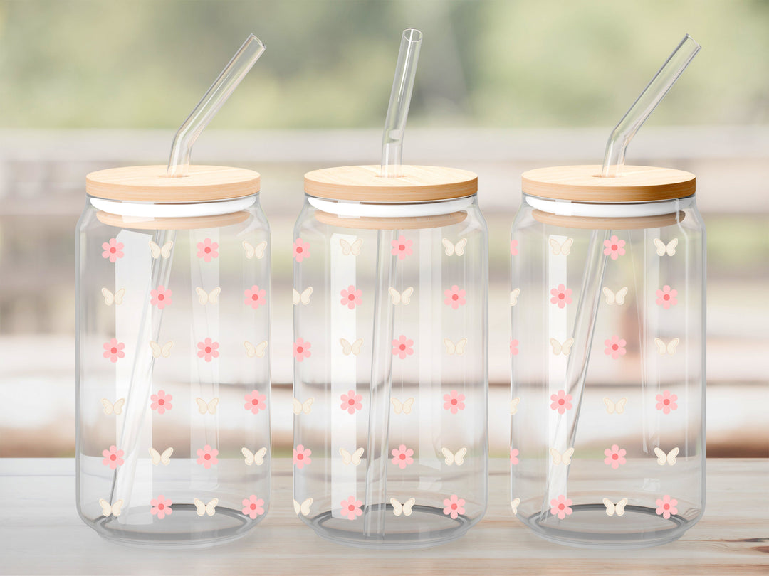 Verre Mini fleurs et papillon / Autocollant UV DTF