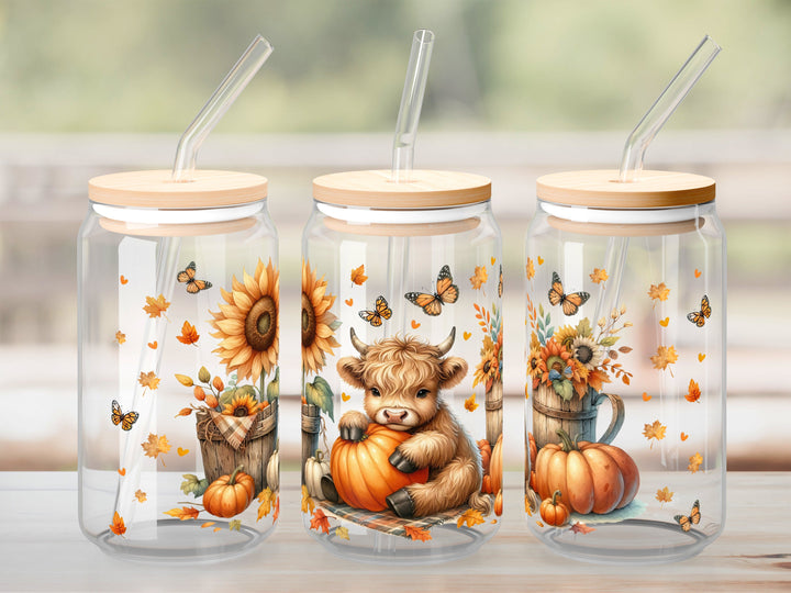 Verre Vache highland tournesol et citrouille / Autocollant UV DTF